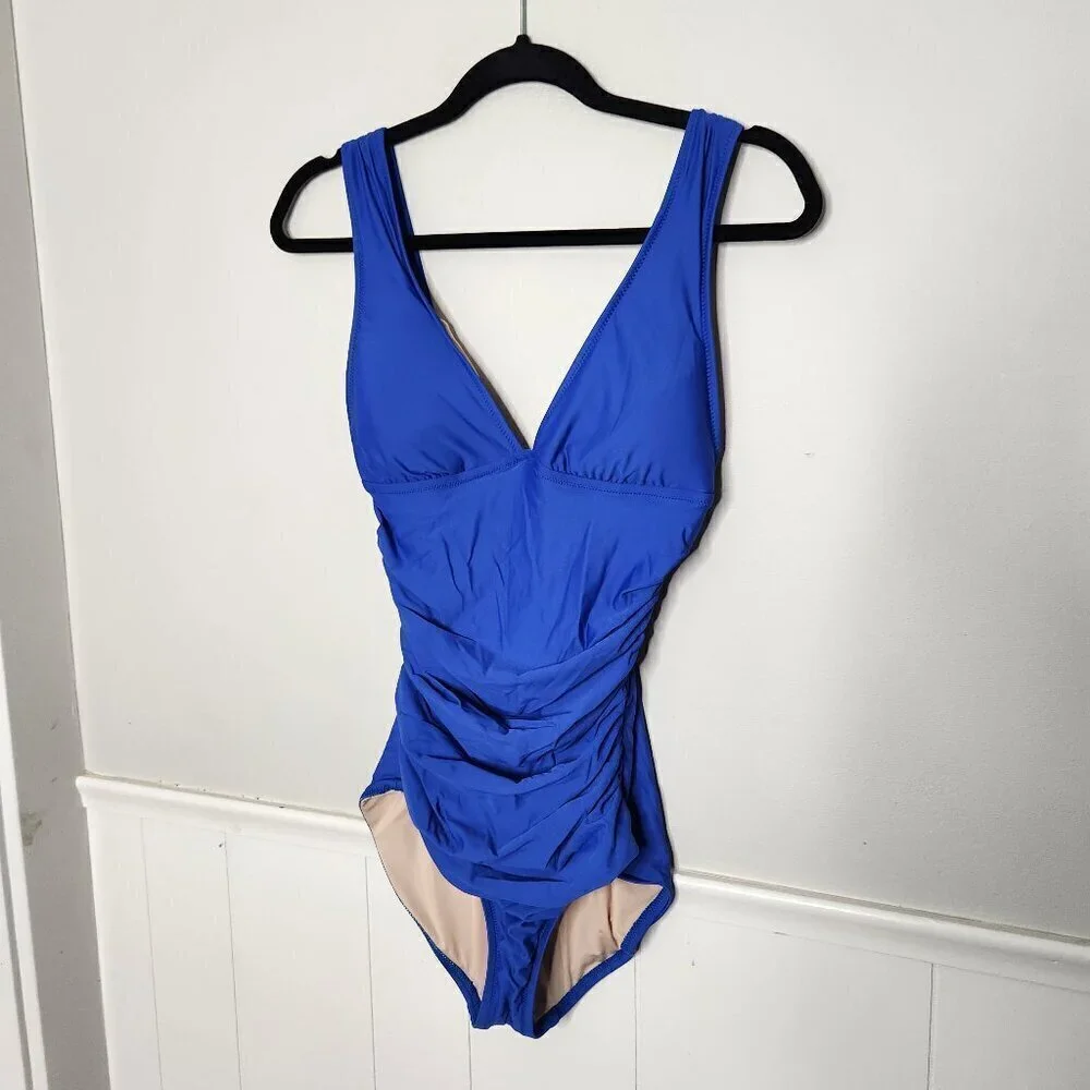 J. CREW Solid Blue Ruched V Neck One Piece Bathin Suit